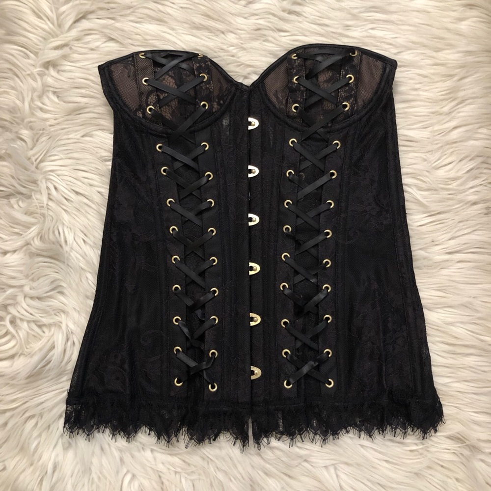 Adore Me Black Lace Up Corset Bustier Whimsigoth See Through Flirty size S